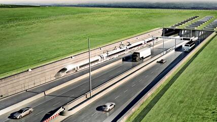 Visualisierung des geplanten Fehmarnbelt-Tunnels zwischen Deutschland und Dänemark auf dänischer Seite in Rodbyhavn.